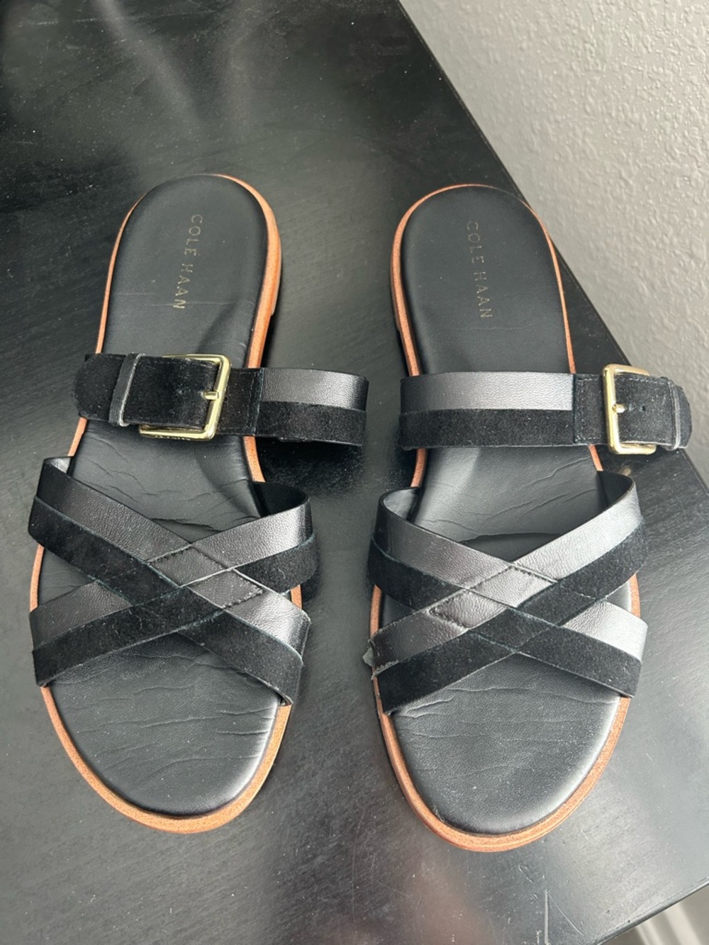 Cole Haan Black Leather Crisscross Buckle Slide Sandals